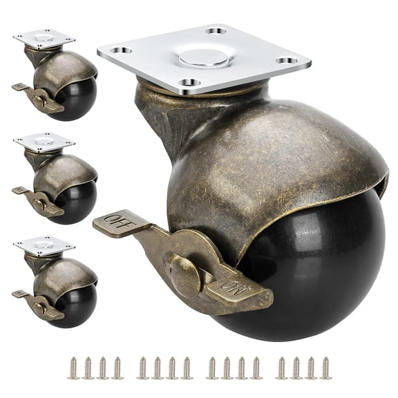 2" Antique Brass Caster Wheels with Brake 4-Pack | Solid Ball Casters Set of 4 Heavy Duty Swivel Plate Vintage Castor for Furniture, Table, Cabinet, DIY & Carpet Ease Installation