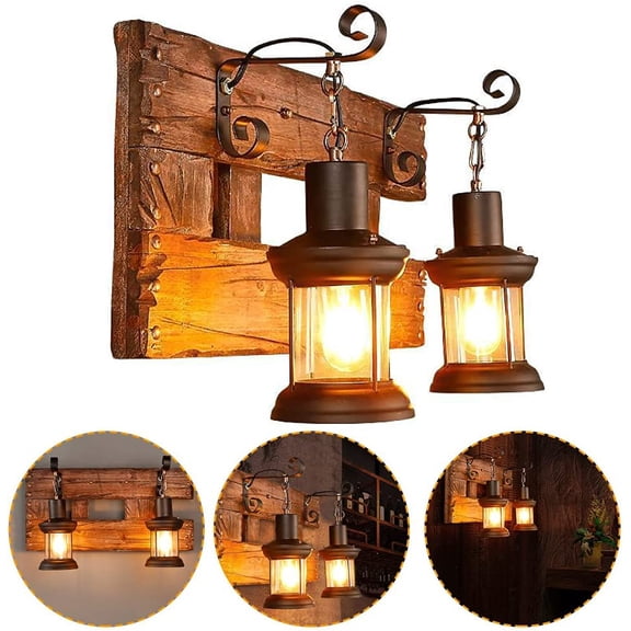 2 Antique Wooden Wall Lamp Ladder Light Metal Lamp Body Glass Lamp Shade Wooden Decorative Wall Lamp Retro Wall Lantern (Without Light Source)