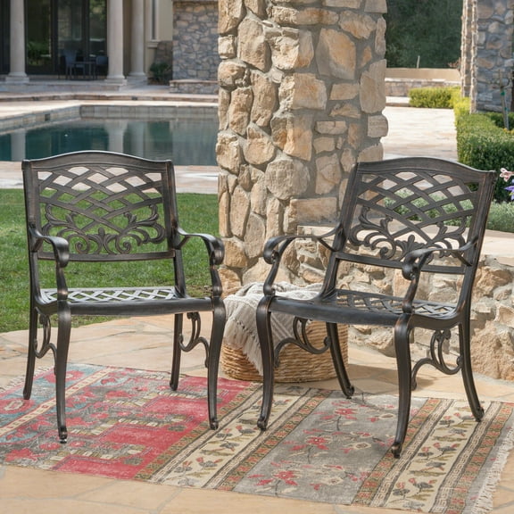 2 Arm Chair - Graceful Floral Accents And Scroll Design Rust- Aluminium Construction 25.93" W X 22.65" D 34.77" H Assembly Required (2) Pattern