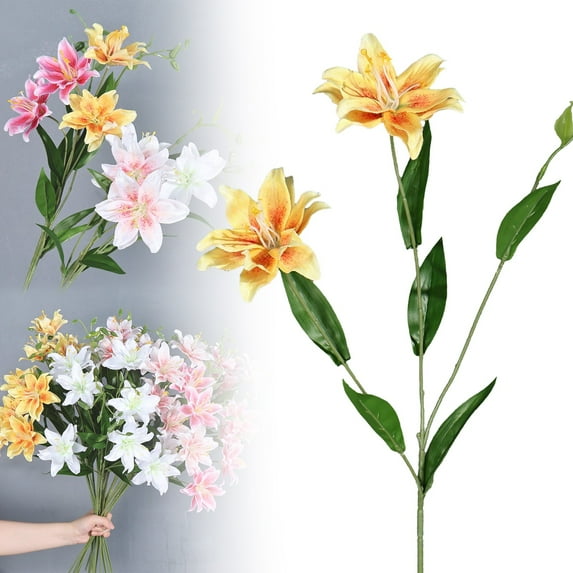 Under $2, Artificial Lily Flowers, Yellow, 2-Head Artificial Lily Stems - Realistic White Flowers for Wedding, Home Table Decor, Faux Calla Lilies, by Elapind