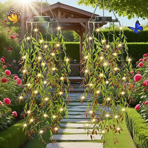 2 Artificial Plants Willow Leaves Hanging Light 66 LED Outdoor Solar Lantern for Garden, Balcony and Terrace Decoration, Birthday Gift for Women/Mothers [Energy Class A+++]