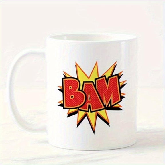 2 BAM3 T 11oz Ceramic Coffee Mug with Bold Comic Explosion BAM Design Vibrant Red Yellow Superhero Themed Mug Coffee Tea Hot Beverages Durable Ceramic Cup Superhero Fans Comic Love