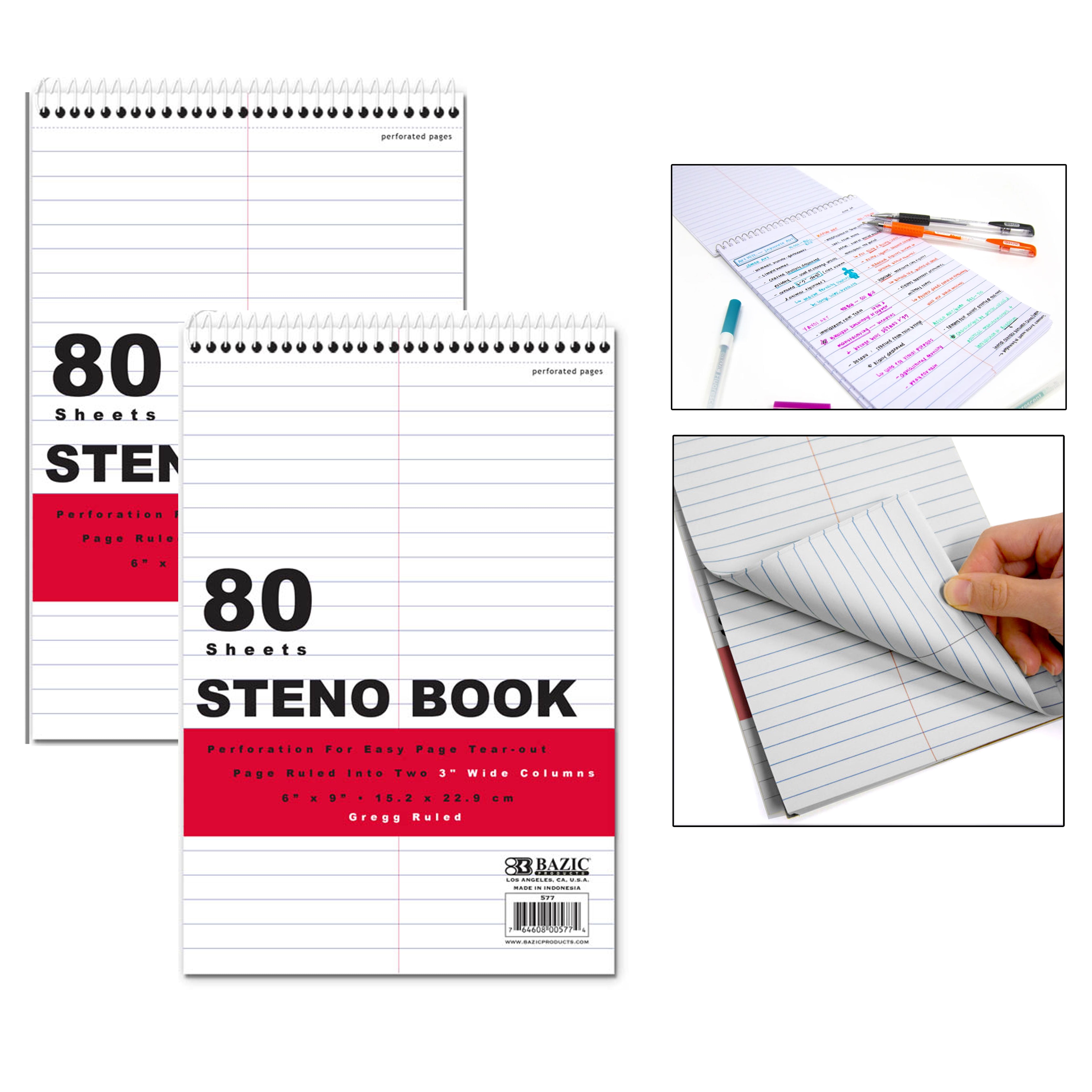 2 BAZIC Steno Notebook 6" X 9" White Sheet Gregg Ruled Office Notepad