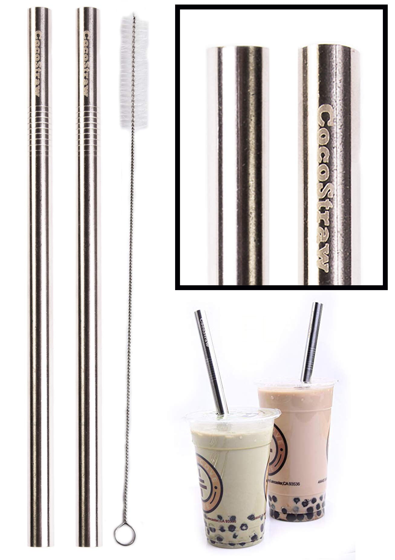 Reusable Metal Boba Straws & Black Smoothie Straws 50Pack.NiceCaTeLe 0.5  Wide Jumbo Stainless Steel Fat Straws in Bulk for Bubble Tea/Tapioca Pearl