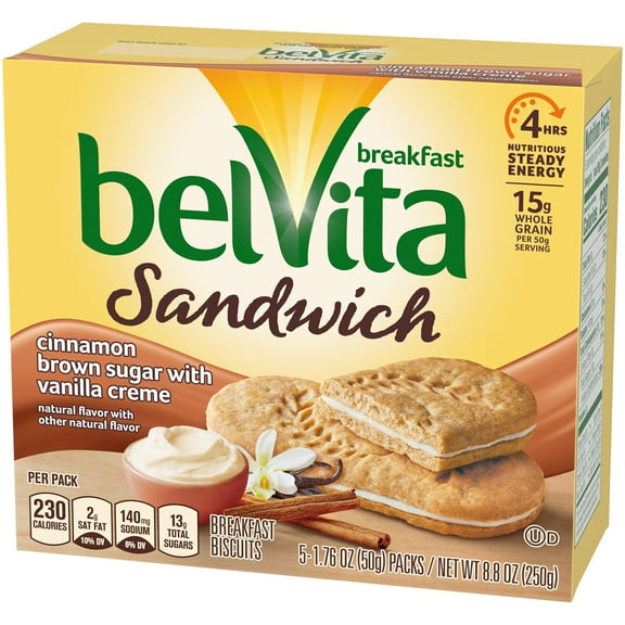 2 BOXES Belvita Breakfast Cinnamon Brown Sugar & Vanilla Creme Breakfast Biscuits, 5 Packs (2 Biscuit Sandwiches Per Pack)