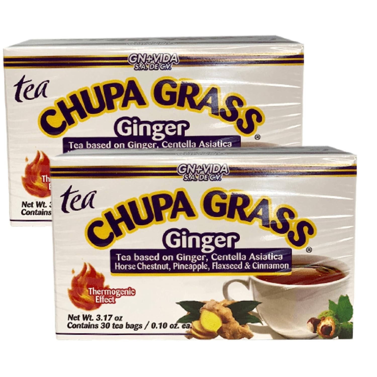Chupa Grass Herbal Tea – Ginger, Gotu Kola & Cinnamon – 30 Tea Bags per Box – 2 Pack