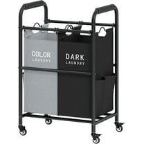2 Bag Laundry Sorter Cart, Laundry Hamper Sorter Basket with Heavy Duty Lockable Rolling Wheels for Clothes Storage, Black & Grey