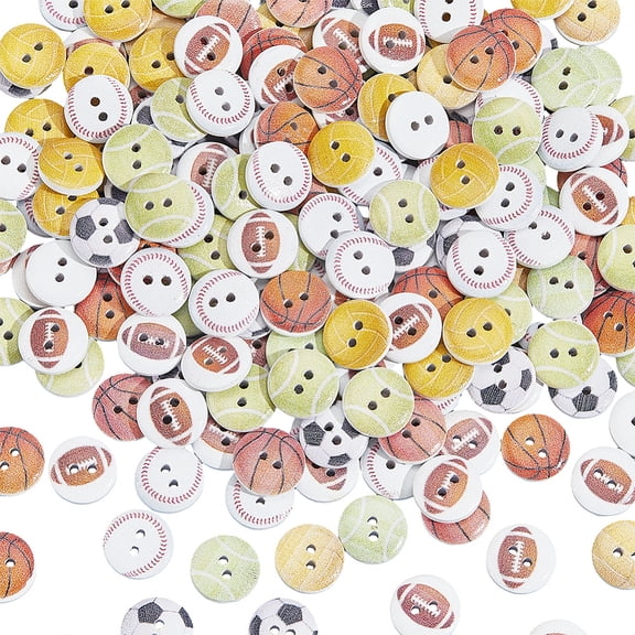 2 Bags 2-Hole Printed Wooden Buttons Flat Round with Ball Pattern Mixed Color 15x4mm Hole: 1.8mm 100pcs/bag