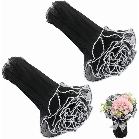 2 Bags 8 Yards Organza Flower Wrapping Mesh Paper 10.63~11.8" Pearl Edge Bouquet Packaging Wrappers Wrinkled Wavy Net Mesh Yarn Decor for Wedding Valentine's Day, Black