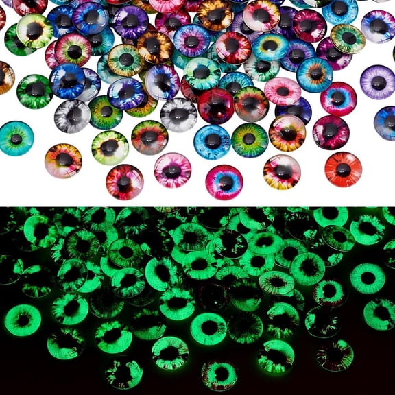 2 Bags Fluorescent Glass Cabochons Half Round with Eye Pattern for Making Glow in the Dark Beads Mixed Color 12x5.5mm 100pcs/bag