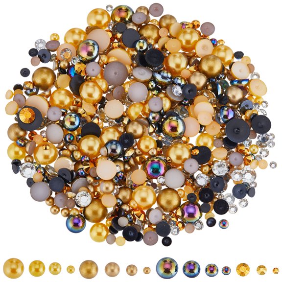 2 Bags Plastic Imitation Pearl with Resin Rhinestone Cabochon Nail Art Decoration Accessories Half Round Orange 3~10x1~5mm about 30g/bag