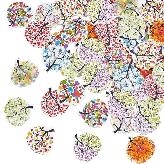 2 Bags Printed Dyed Wooden Buttons 2-Hole Tree Mixed Color 30x30x2.5mm Hole: 1.2mm