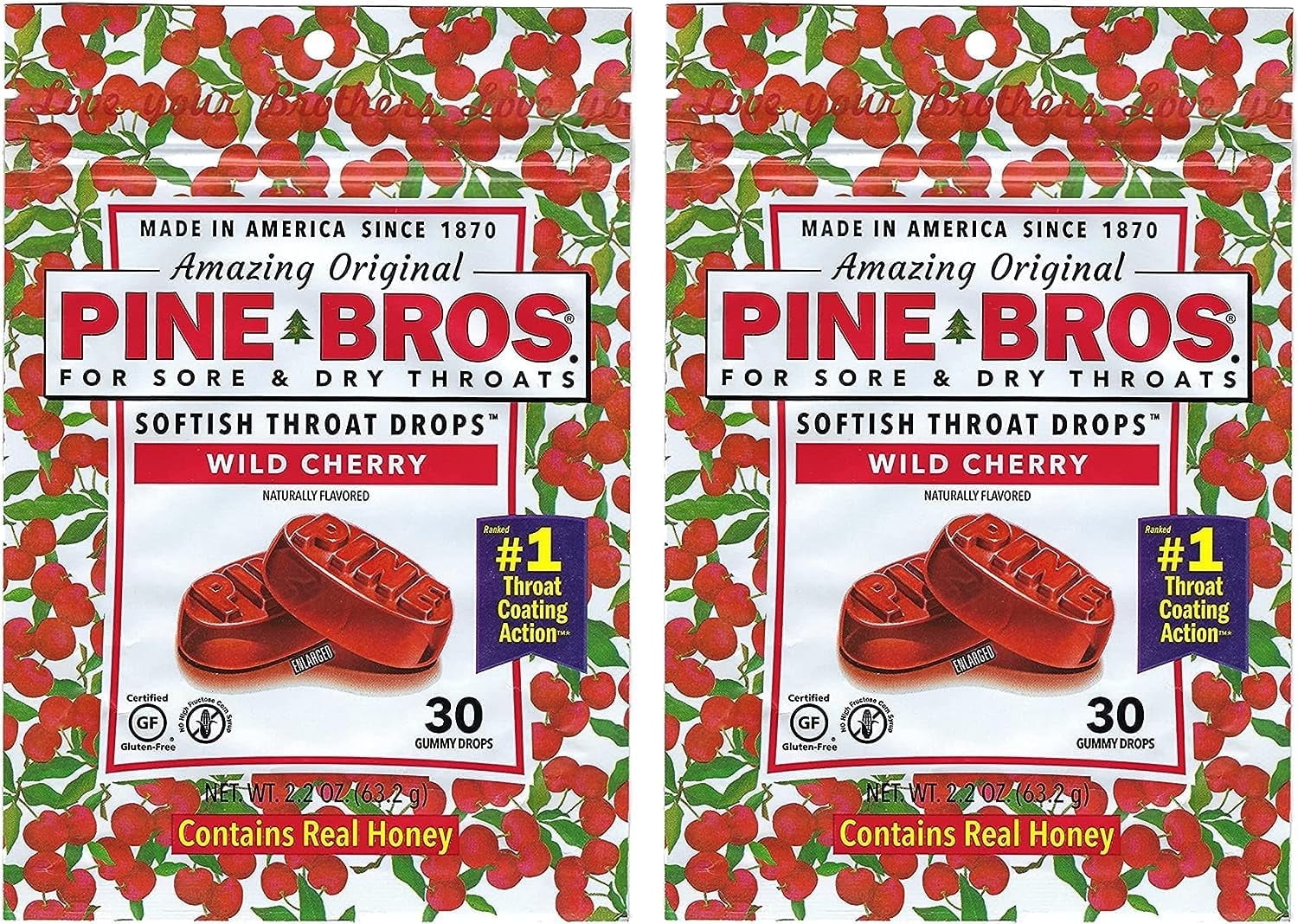 Pine Bros Wild Cherry Sore Throat Drops - 30 Drops (Pack of 2)