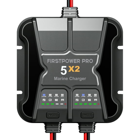 2-Bank Smart Marine Battery Charger - 10A (5A per Bank), Waterproof, Battery Maintainer & Desulfator for SLA/AGM, Lithium (LiFePO4), Calcium, and Deep-Cycle Batteries - 24/7 Charging
