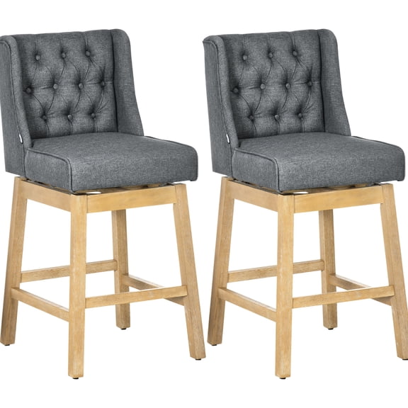 2 Bar Height Swivel Seats, 180 Rotation, 30" Seat, Gray With Solid Wood Footrest And Button Seat Fabric Upholstery Cover Of Two High, 180 Degree Gray, Footrest,