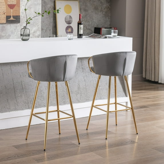 2 Bar Stools 26" Gray Velvet Gold Leg Chrome Footrest