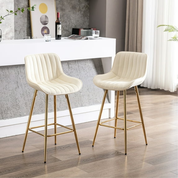 2 Bar Stools, 26 Inch, Cream Velvet Fabric Counter Stool With Golden Leg And Footrest, Of Inch &
