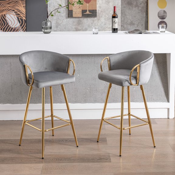 2 Bar Stools, 30 Inch High, Gray Velvet With Golden Leg And Footrest Base, Fashionable Comfortable Of Leg, For A Classy Ambience