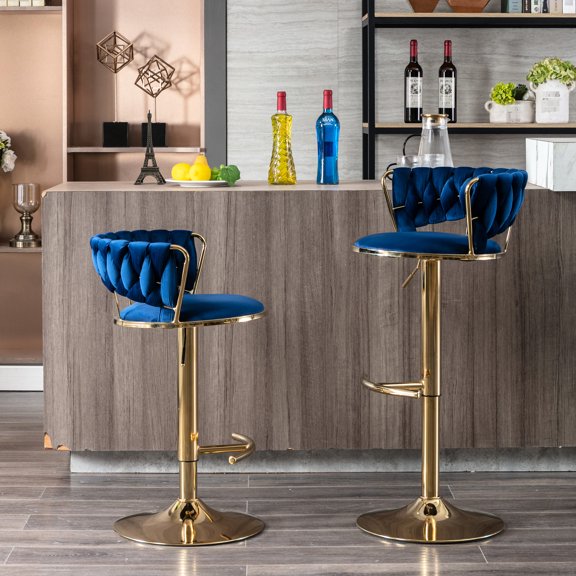 2 Bar Stools, Blue Fabric Seat, Golden Legs, Footrest & Base, Adjustable Height Via Mechanical Lifting Mechanism Velvet Stools (2pcs), Legs And By Action