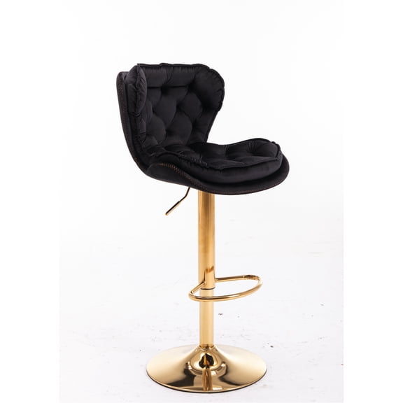 2 Bar Stools Collection, Height Adjustable Feature With Footrest, Velvet + Golden Leg, Black Seat Of Stools, Footrest & Base Height, Stylish