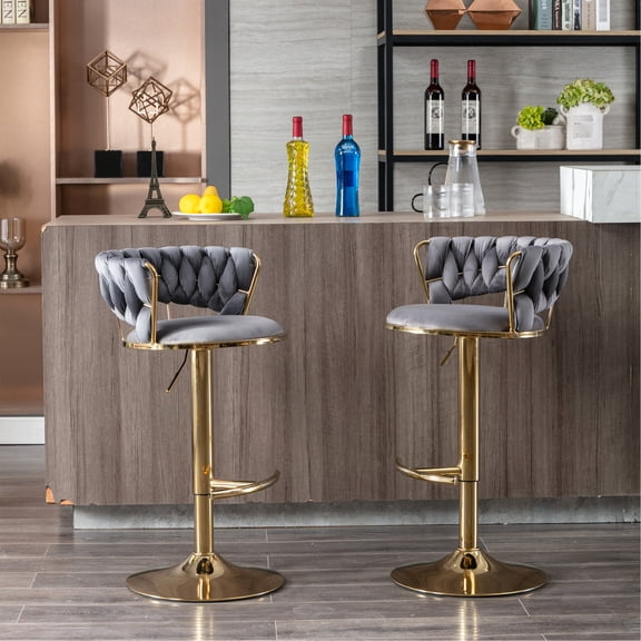 Of 2 Bar Stools, Gray Fabric Upholstery, Golden Legs, Base And Footrest, Adjustable Height Seat Chair Fabric, Footrest & Base, Swivel Adjustable, Simple Yet Fashionable