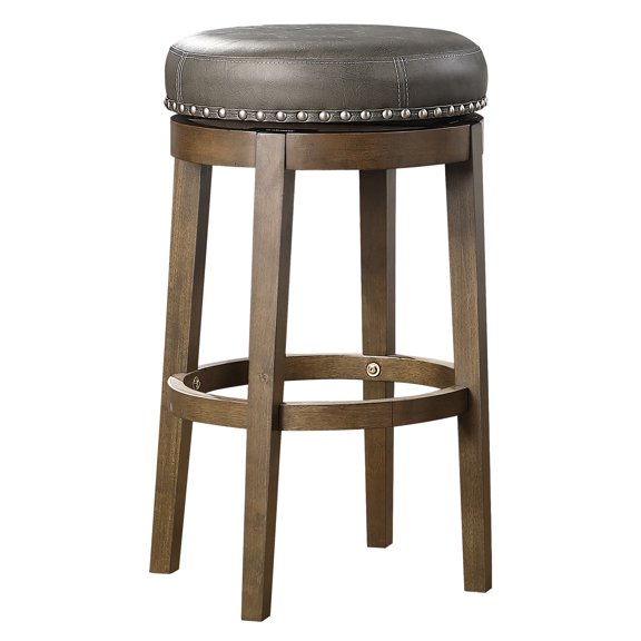 2 Bar Stools, Gray Faux Leather Seat, 360-degree Swivel, Solid Wood Brown Frame With Nailhead Trim, Dining Room Of Round Swivel Seats, Leather, In Finish, Rotation,