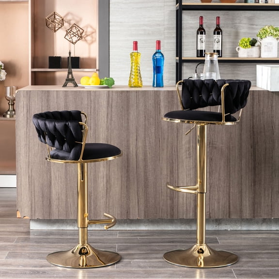 2 Bar Stools with Golden Legs, Chrome Base, Height Adjustable Velvet Seating / Perfect for Beach Bars, Casual Seating