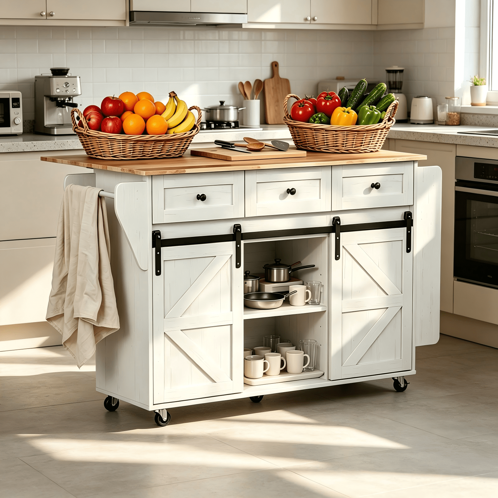 2 Barn Doors with Sliding Rails 3 Drawers 3 Shelves Serving Cart Rubberwood Countertop + MDF Cabinet Dining Cart, 47.24*29.49*35.08in, White