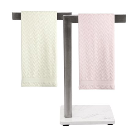 2 Bars Double Rod Towel Rack Bathroom Countertop Towel Bar Stainless Steel Rack L Shape Silver Hand Towel Holder with Balanced Marble Base Stainless Steel Stand