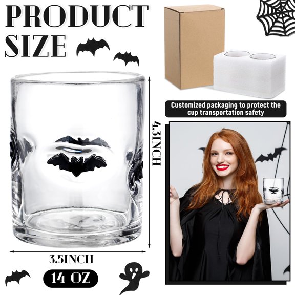 2 Bat and Ghost 14 Oz Hand Blown Drinking Glasses