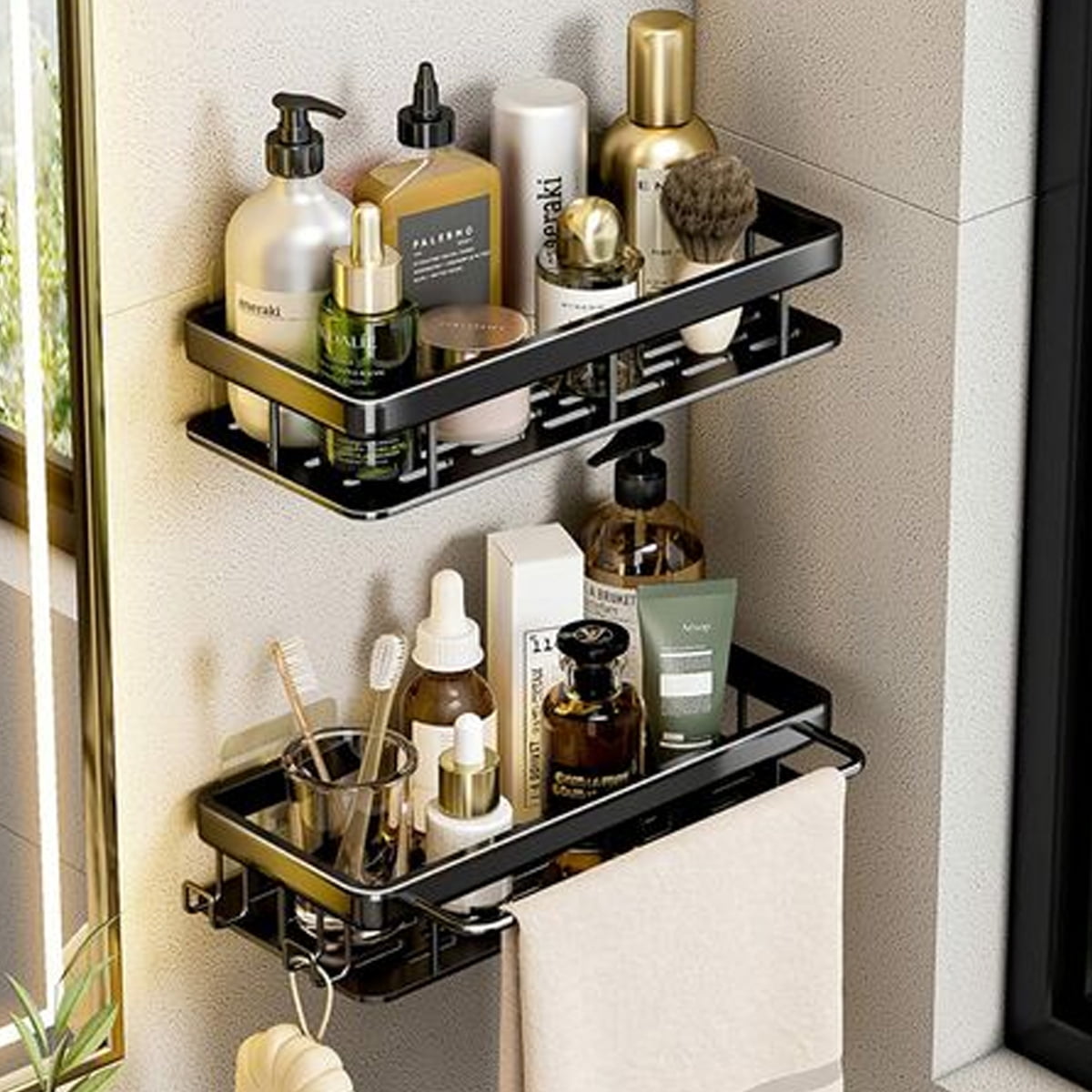 2 Bathroom Shelves With 1 Towel Rack And 2 Hooks, Shower Stand ...