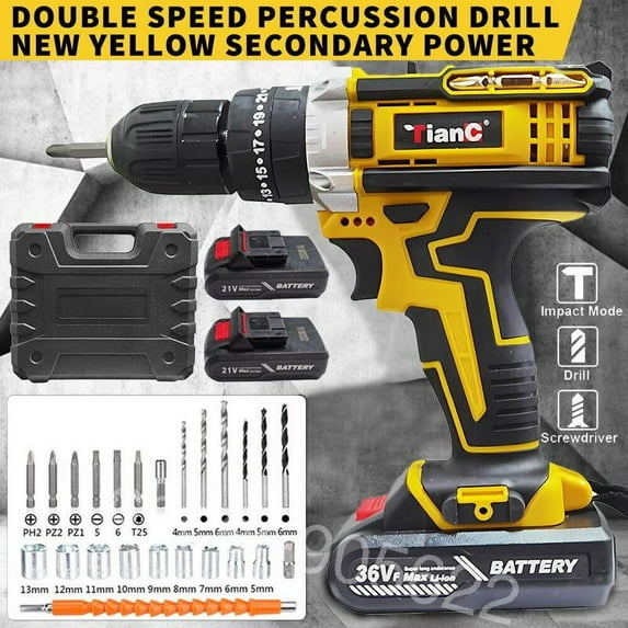 2-Battery Cordless Drill Set, Black High-Torque Impact Drill with Durable Metal Chuck, 2-Variable Speed, LED Light, Compact Charger for Home DIY Projects and Power Drive