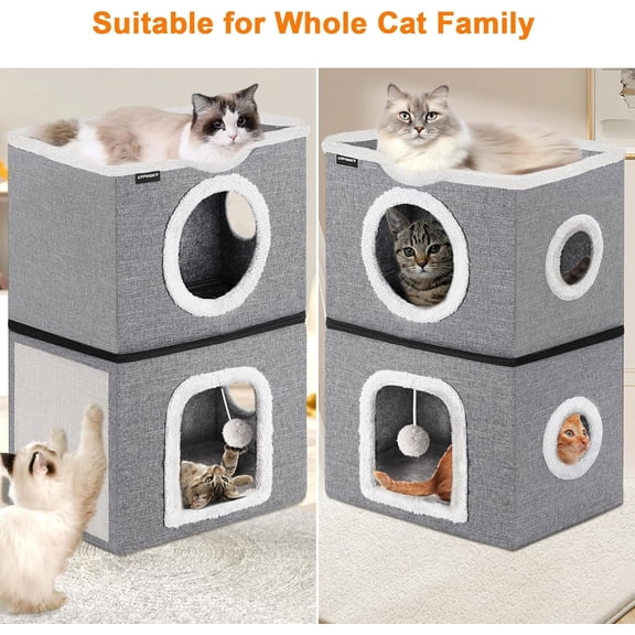 2 Bed with Hideaway, Scratch Pad & Fluffy Ball - Dog Bed for Indoor Cats