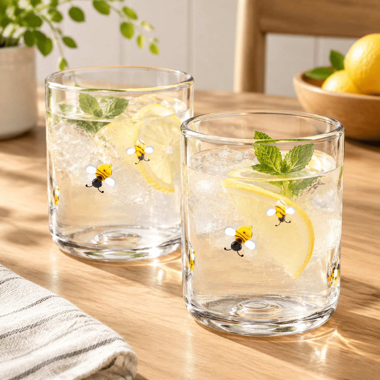 2 Bee Icon Juice Glasses, 14oz Glass Drinkware for Beverages and Table ...