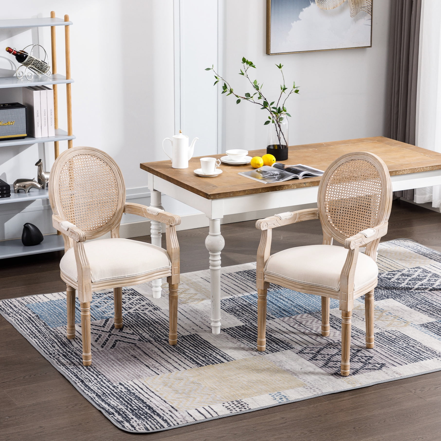 2 Beige French Vintage Armchair . Upholstered Fabric With Breathable Back. 100% Durability. Foam Filled Comfort. Solid Rubberwood Frame. Country Style Weathered Touch Pair. And Ventilated