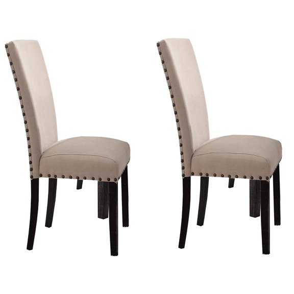 2 Beige Linen Side Chair - Modern Style With Velvety Padded Back And Seat, Dark Oak Legs, Resplendent Nailhead Trim Chairs ( Of 2) Design Plushy Vivid For Garage