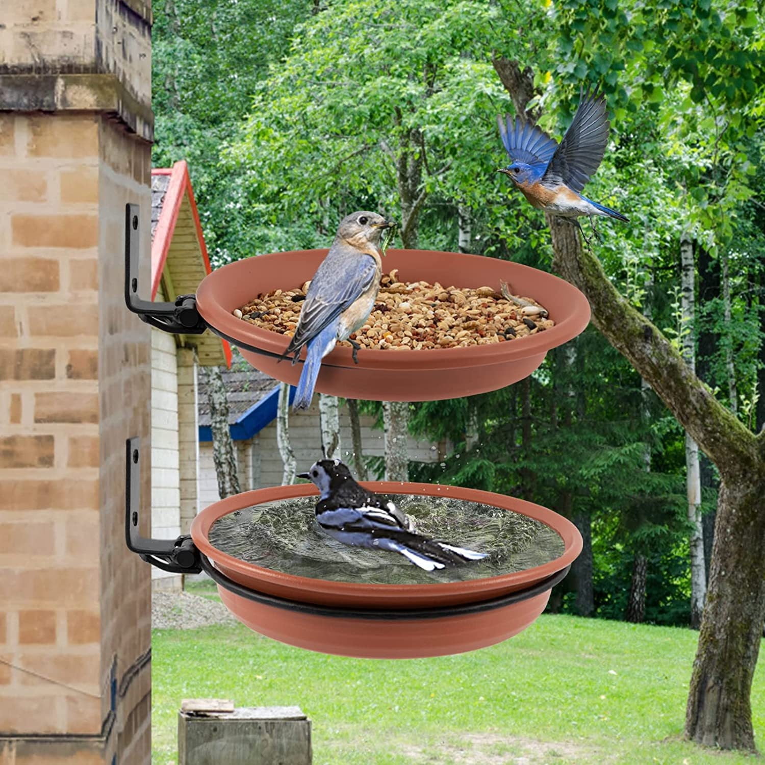 2 Bird Feeders Tree Mounted With Heavy Duty Sturdy Steel, Deep Dark