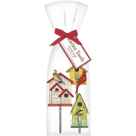2 Bird Houses Ribbon Tied Flour Sack Towels