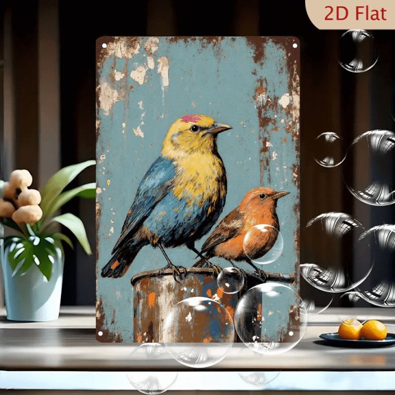 2 Birds on Rusty Metal Pipe Art, Vibrant Blue and Yellow Bird with Reddish-Brown Companion, Vintage Weathered Blue Background, Distressed Aesthetic, 8x12 Inches Metal Wall Decor Painting