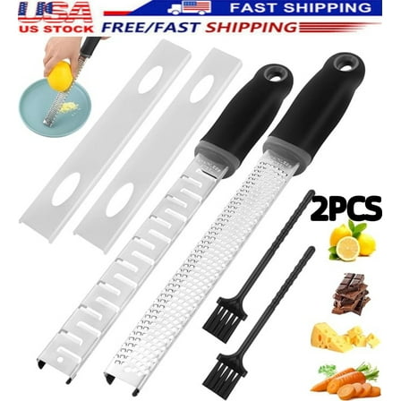 2 Black Cheese Grater with Protective Cover and Cleaning Brush, for Citrus, Hard Cheese, Ginger