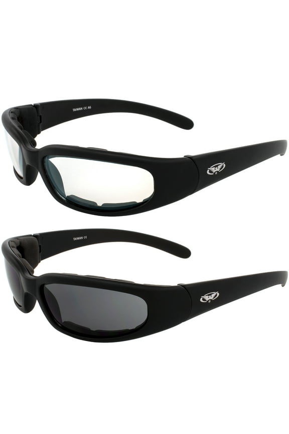 2 Black Frame Motorcycle Riding Glasses Sunglasses Day and Night Smoke Clear Lens