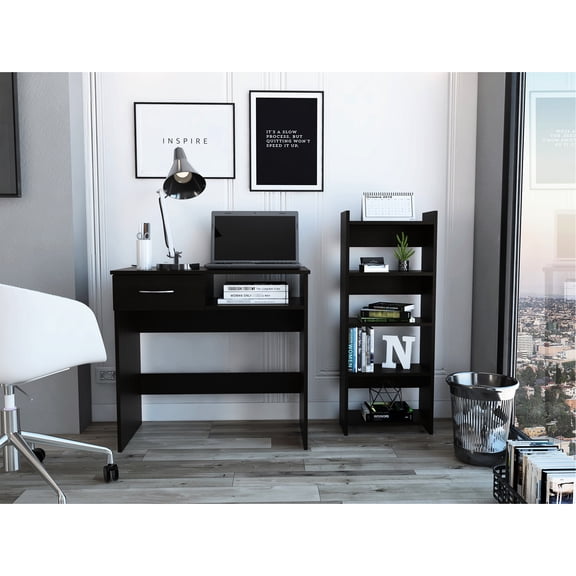 2 Black Home Office - 7 Shelf 1 Drawer Desk And Bookcase For Productive In Shelves Efficient Use Of Space