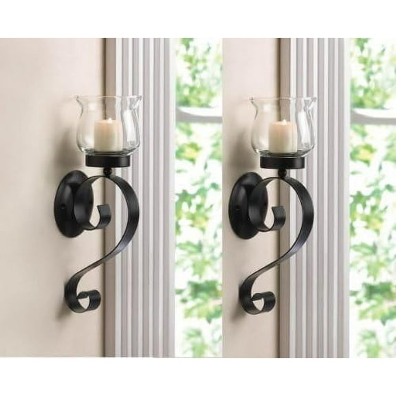 2 Black Iron Artisanal Sconce Wall Mount Hurricane Garden Candle Holder Set Pair by sallyashop