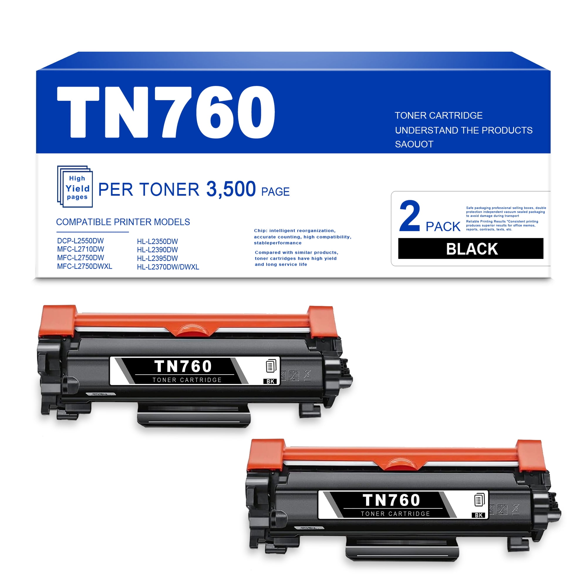 2-Black) TN-760 Black Toner Cartridge Replacement for Brother MFC-L2710DW  Printers 