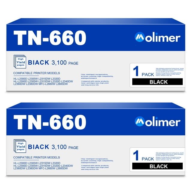 2 Black TN660 Toner Cartridge Replacement for Brother HLL2380DW L2300D