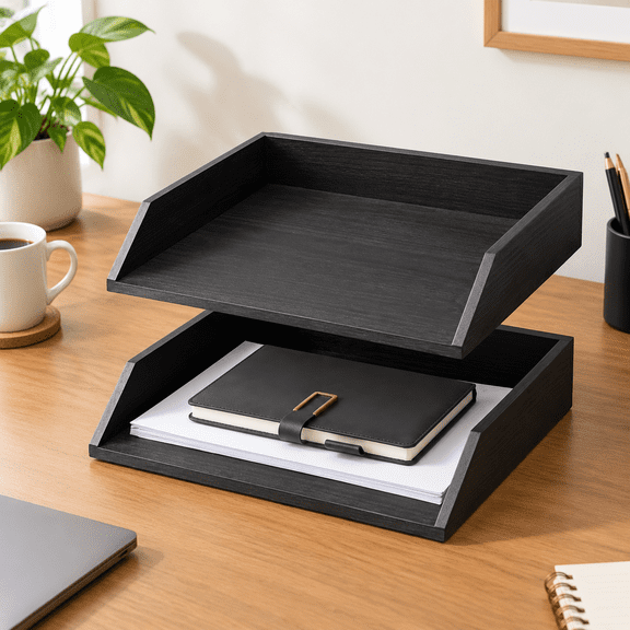 2 Black Wood Letter Trays Stackable 2-Tier Desk Paper Organizer for Office Home