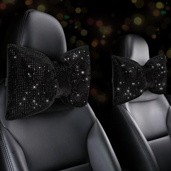 2 Bling Car Pillows Rhinestones Bowknot Headrest Pillow Neck For Driver Relax Necksupport Sleeping Travel Support Shiny Interior Accessories Women Black