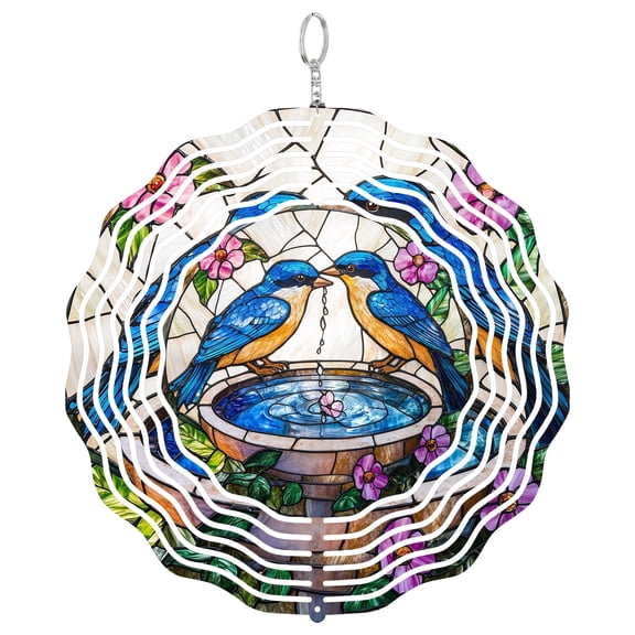 2 Blue Birds Metal Wind Spinner, Kinetic Garden Hanging Decor
