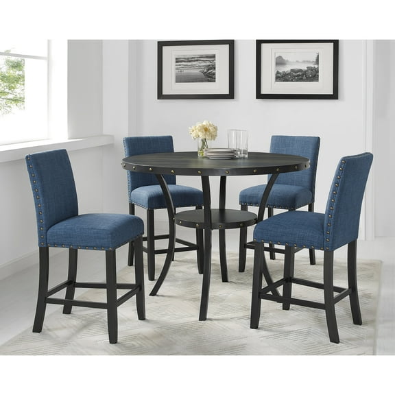 2 Blue Counter Stools. Hardwood Structure. Nailhead Trim. Fabric Cover. Finish. Spot Clean Recommendation Offered Of Height Seats. Frame. Fabric. Instruction Provided