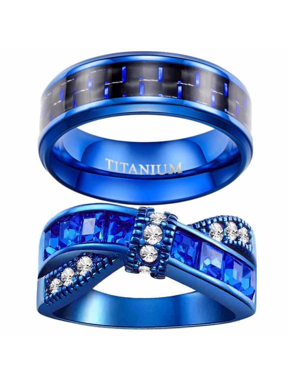 2 Blue Matching Rings Couple Ring 1CT AAA CZ Women Wedding Ring Female Ring